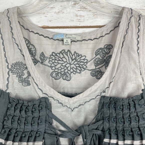 CECICO Embroidered Gray Sleeveless Top Silk/Cotton - Picture 5 of 9